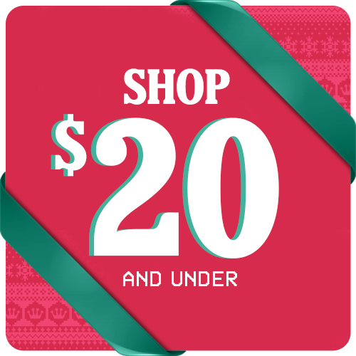 Red square with Ugly Christmas Sweater pattern and Green ribbons featuring "Shop $20 and Under" holiday gifts text